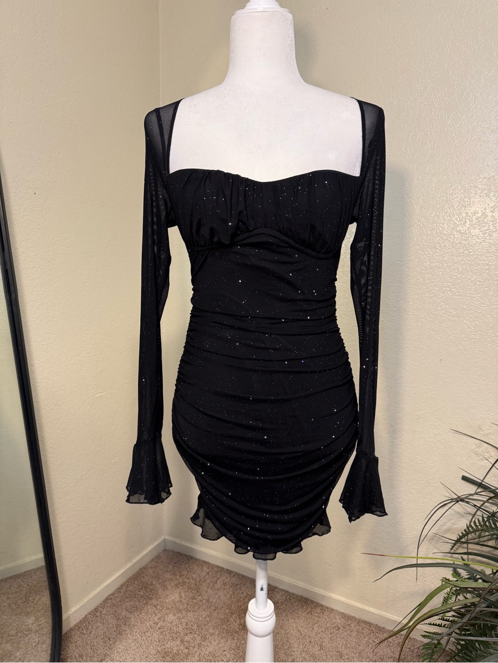 Black Sparkle Ruched Long-Sleeve Mini Dress